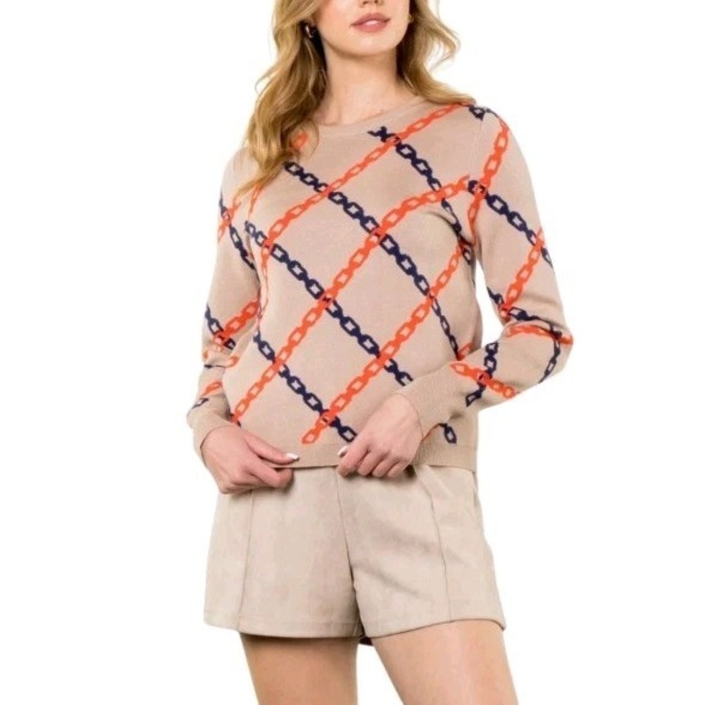 THML Taupe Chain Print Sweater Sz M Boutique‎ Knit Crewneck Preppy Casual Chic